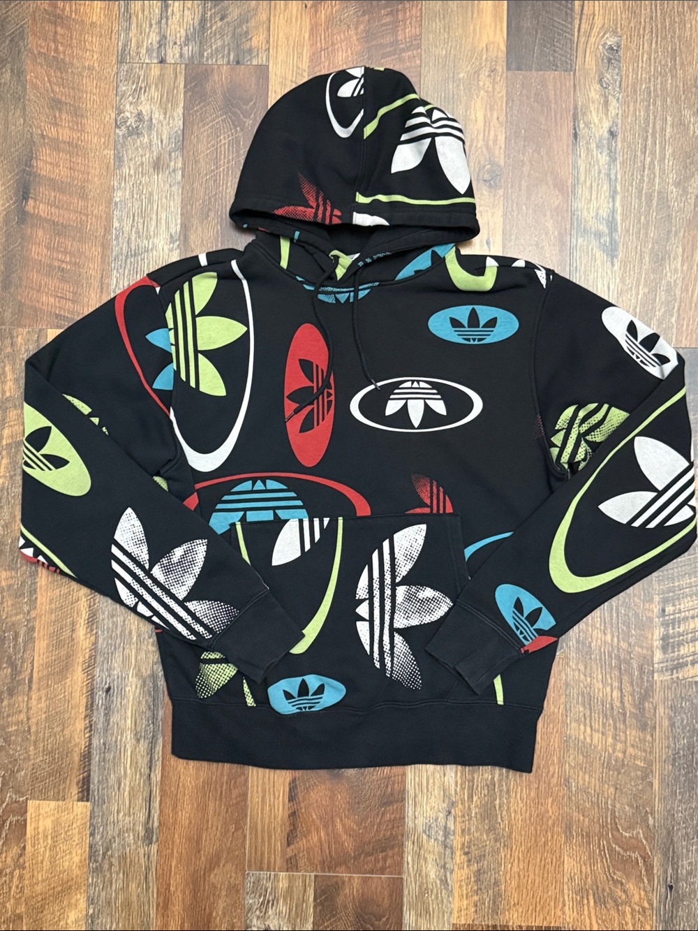Adidas Originals Allover Trefoil Print Hoodie Black Multicolor Men’s Small